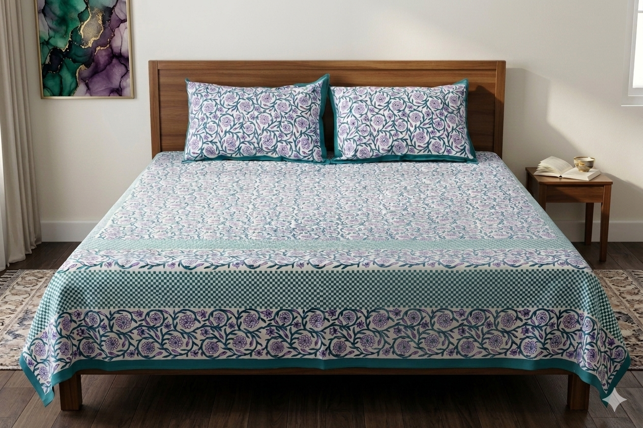 King Size Floral Cotton Bedsheet with 2 Pillow Covers – Green & Lavender Printed Bed Sheet Set