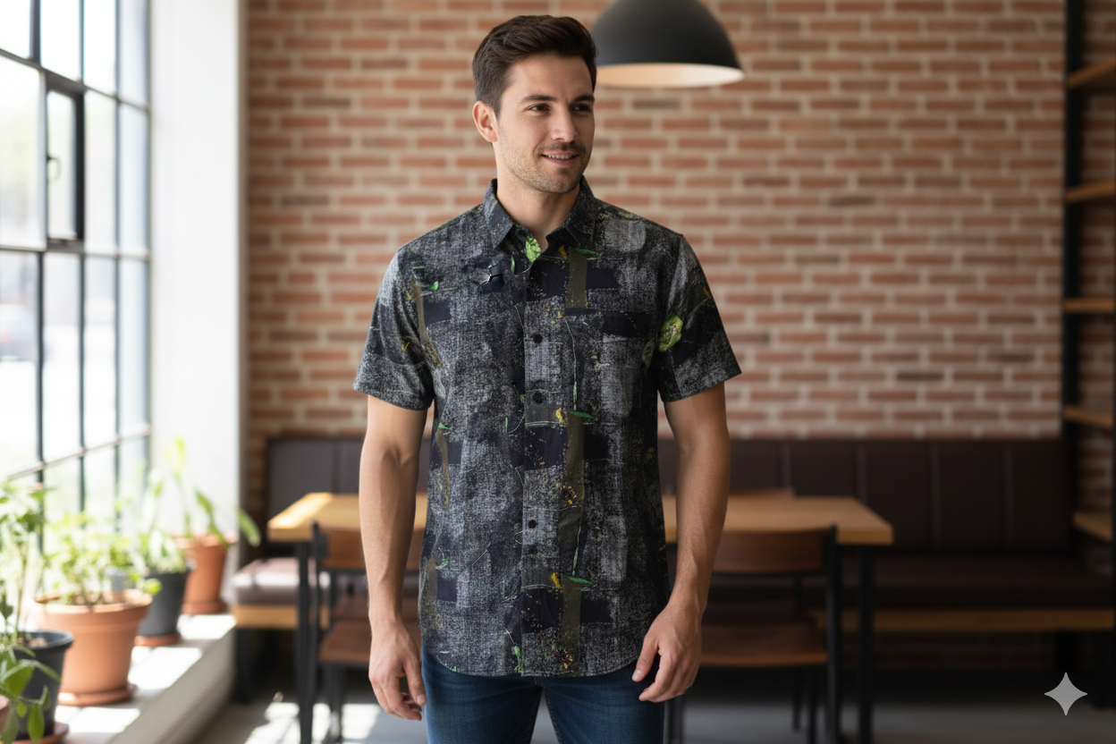 Men’s Casual Rayon Printed Shirt – Navi Blue & Grey Abstract Design