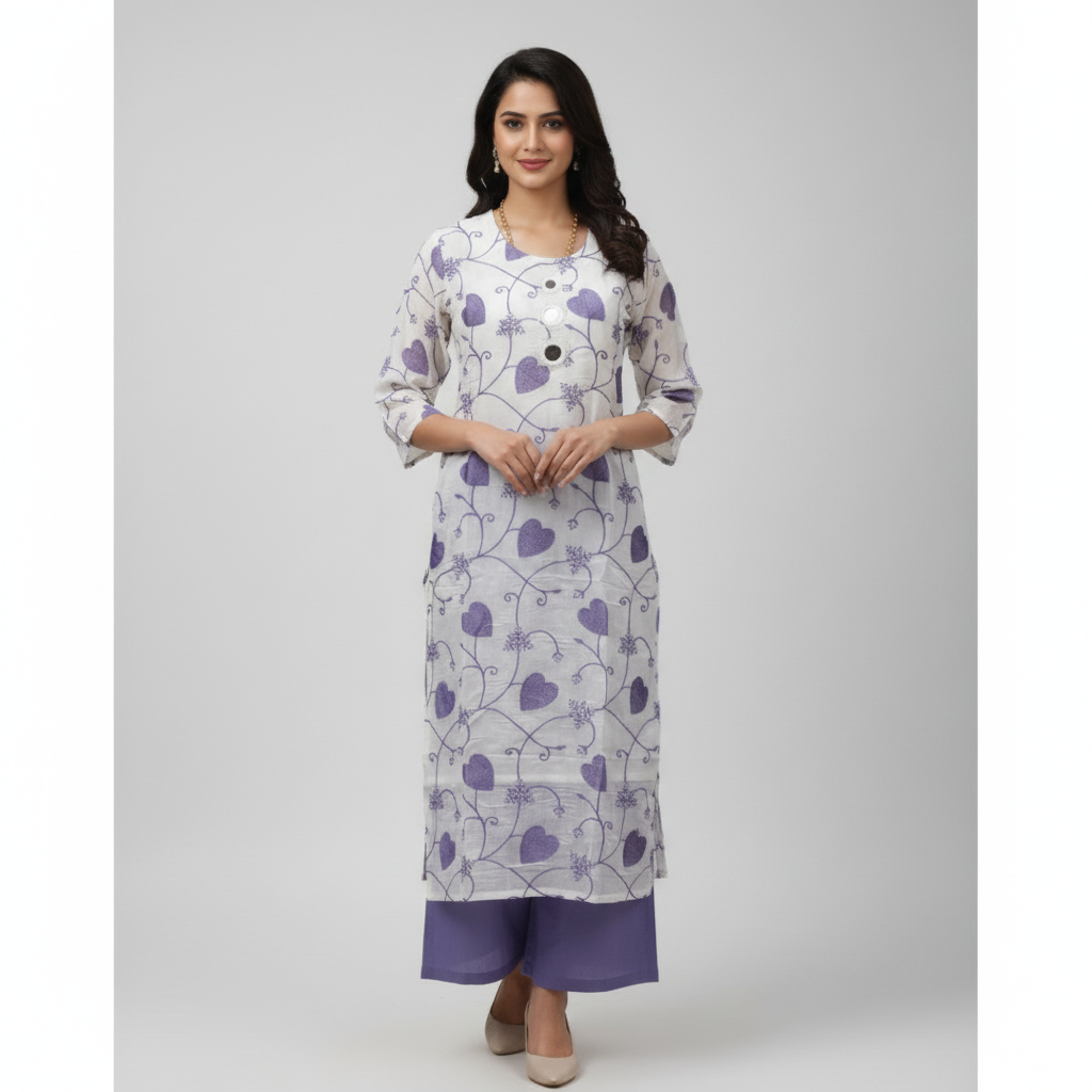 🟣  Elegant White & Purple Floral Kurti with Solid Pant Set - 2 Piece Women’s Ethnic Wear