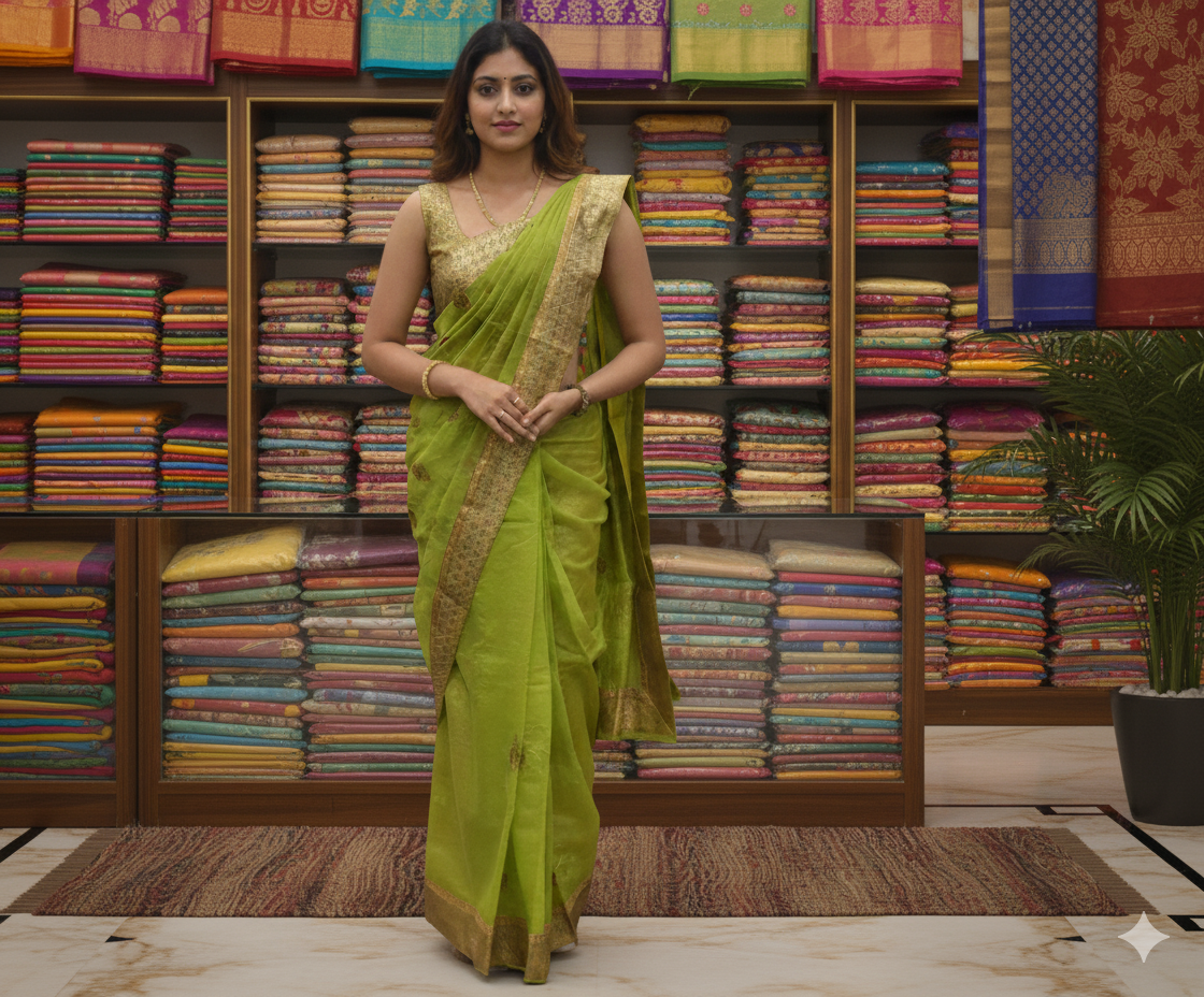 Elegant Lime Green Cotton Silk Saree with Golden Zari Border & Embroidery