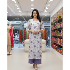 🟣  Elegant White & Purple Floral Kurti with Solid Pant Set - 2 Piece Women’s Ethnic Wear