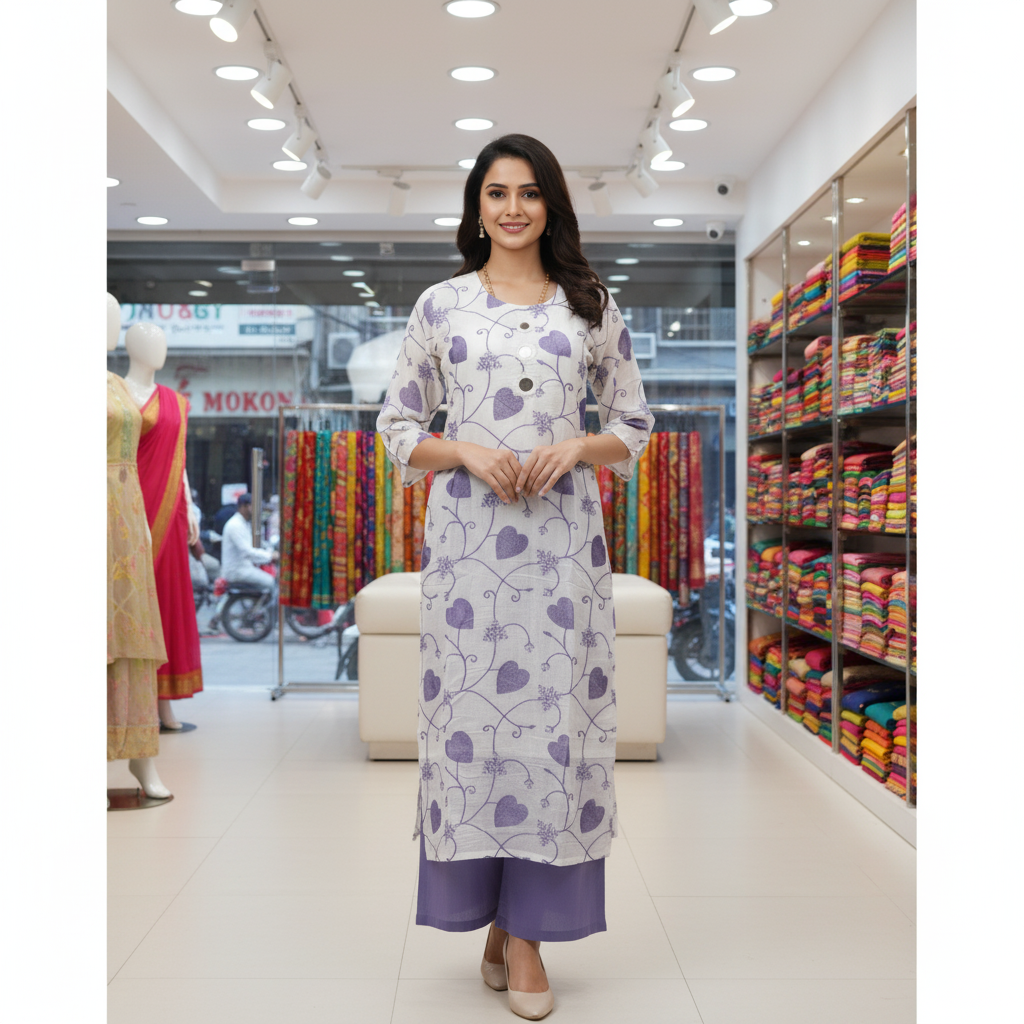 🟣  Elegant White & Purple Floral Kurti with Solid Pant Set - 2 Piece Women’s Ethnic Wear