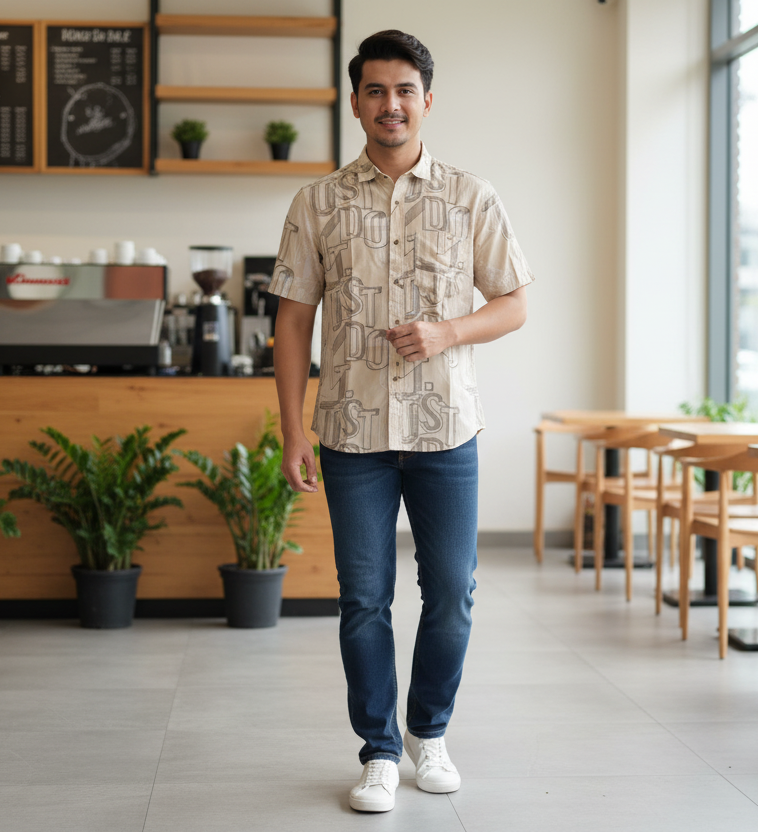 Men’s Beige Printed Rayon Shirt – Casual Short Sleeve