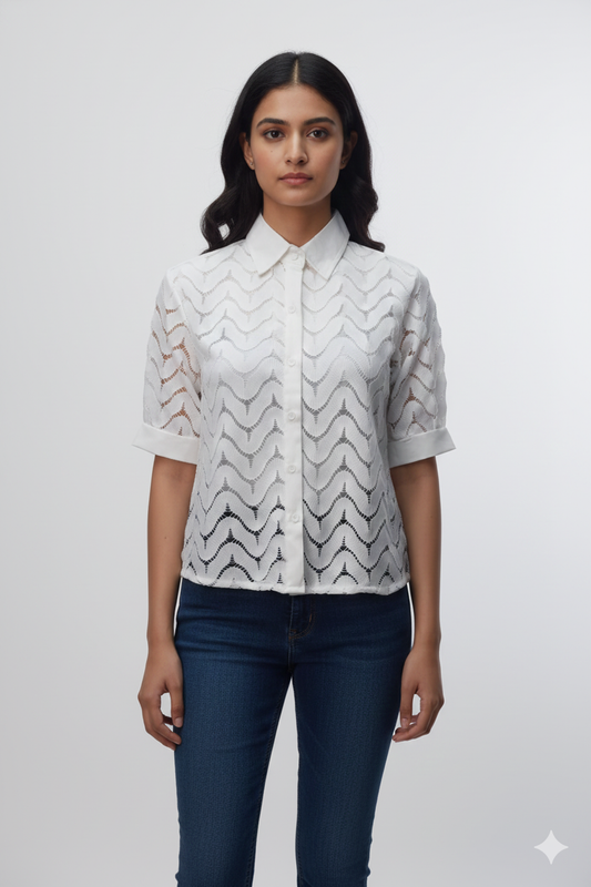 Women's White Lace Button-Down Jeans Top | Elegant Semi-Sheer Casual Shirt-LARGE SIZE