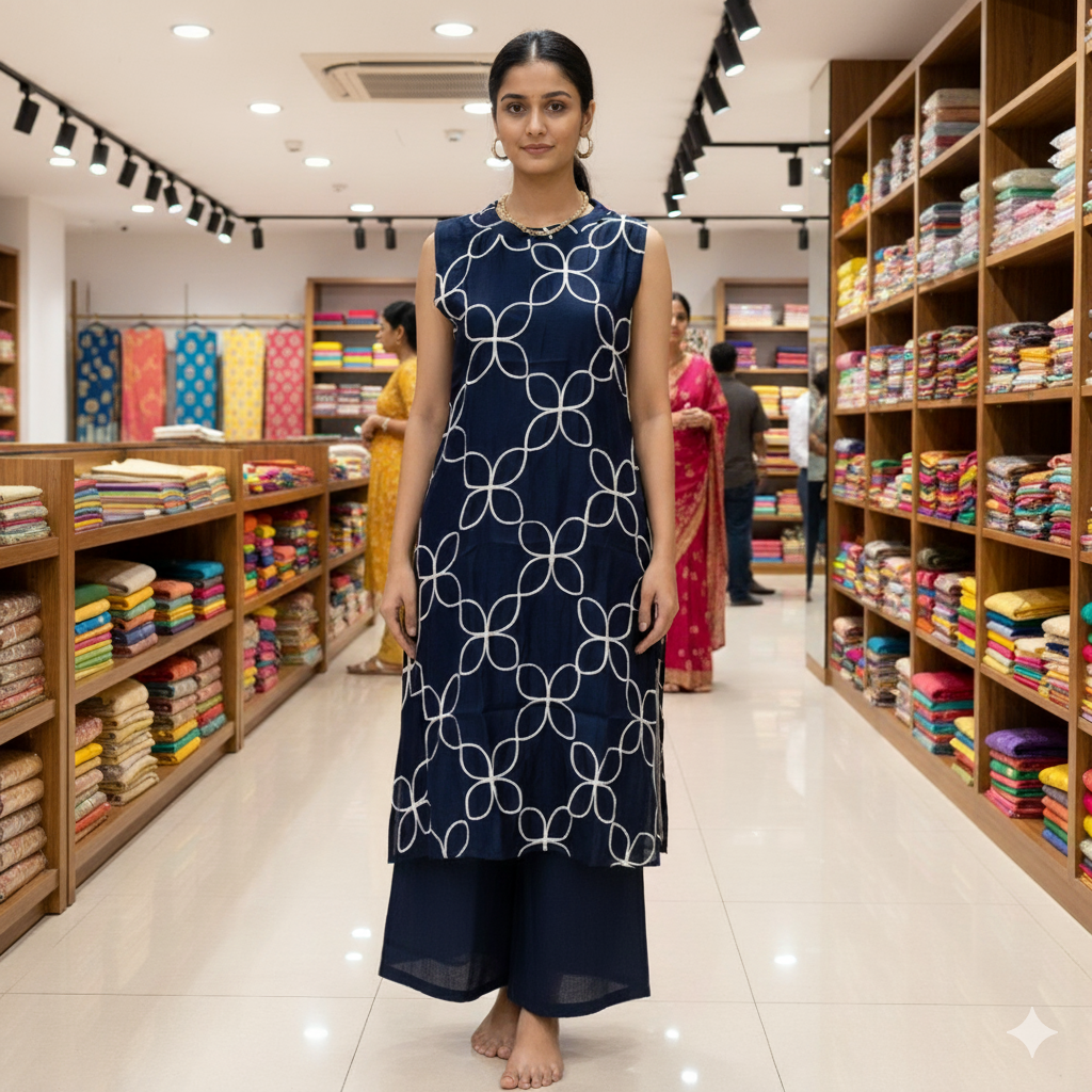Navy Blue Cotton Co-ord Set with White Floral Geometric Print – Sleeveless Kurta &Straight-leg (Semi palazzo) Pant