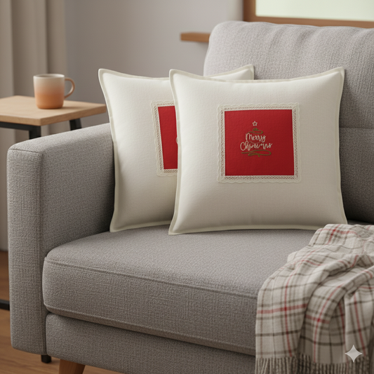 Merry Christmas Embroidered Cushion Cover with Lace Border  – 16x16 Inch Set of 2