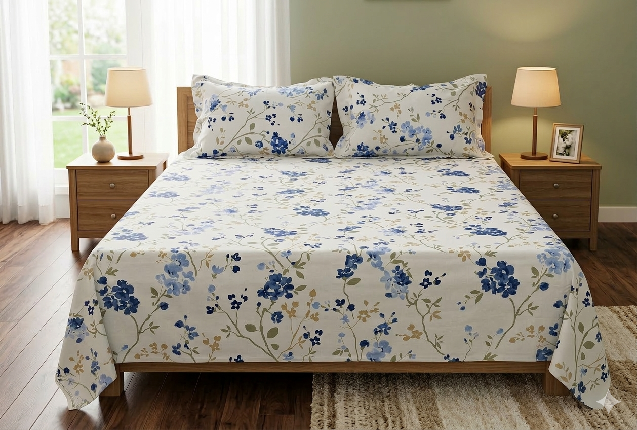 Blue Floral Queen Size Bedsheet with 2 Pillow Covers – Cotton Bedding Set