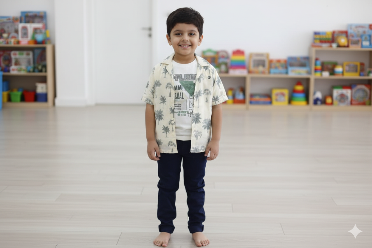 🧸 Tropical Vibe Kids Casual Shirt & T-Shirt Set – Palm Tree Print