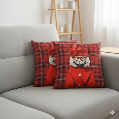 Cozy Cat Print Cushion – Red Checkered 16x16 Inch Decorative Pillow