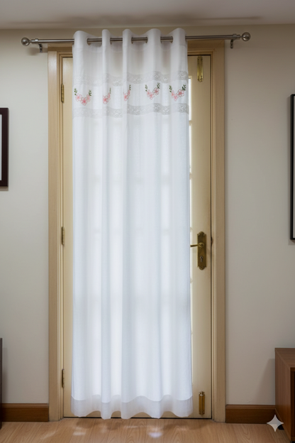 White Floral Embroidered Cotton Door Curtain with Lace Border – 4 x 7 ft