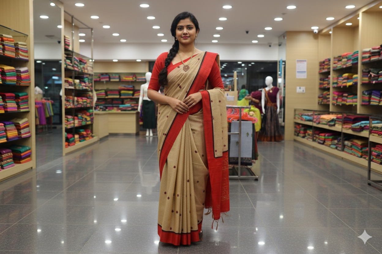 Elegant Beige and Red  Synthetic Saree with Contrast Border& Embroidery Work