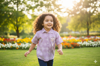 Girls Cotton Top with White Thread Work & Floral Design