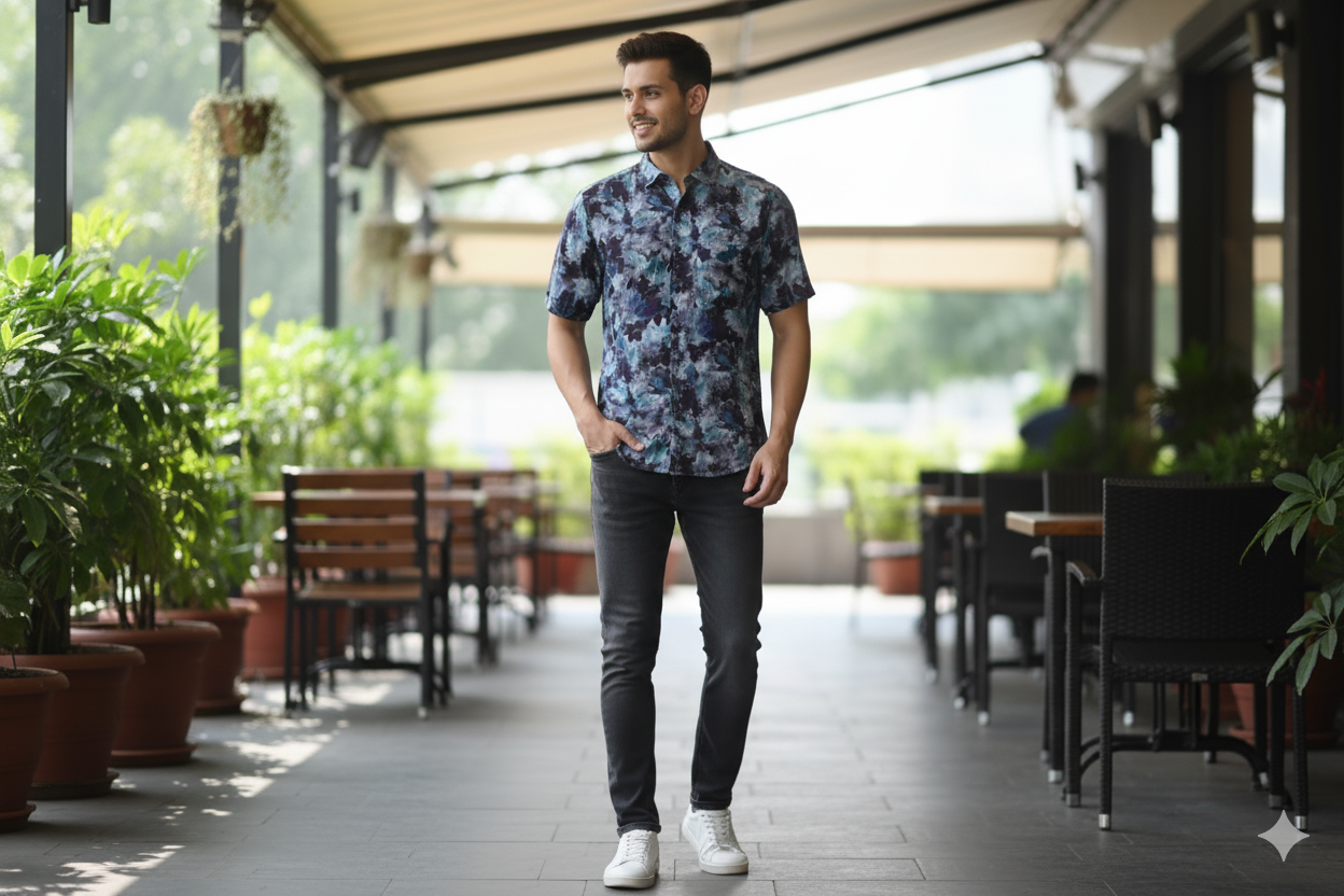 Men’s Leaf Print Casual Shirt – Short Sleeve Button Down
