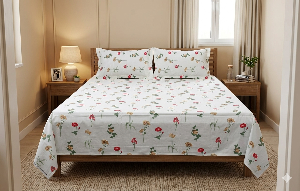 Elegant Floral Print Queen Size Bedsheet with Pillow Covers – Soft Cotton White Bed Sheet Set