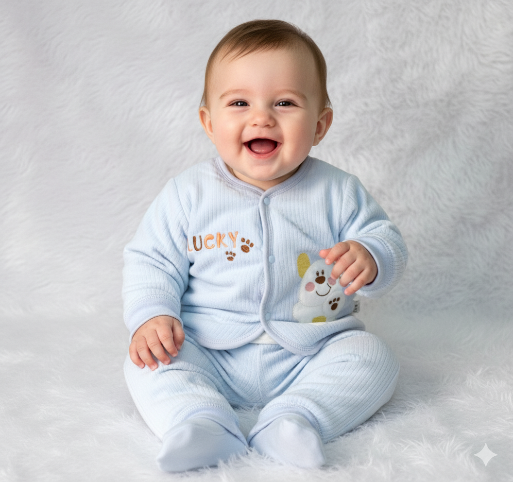 Cozy Light Blue Corduroy Baby Sweater Set | Embroidered 'Lucky' Top & Pants