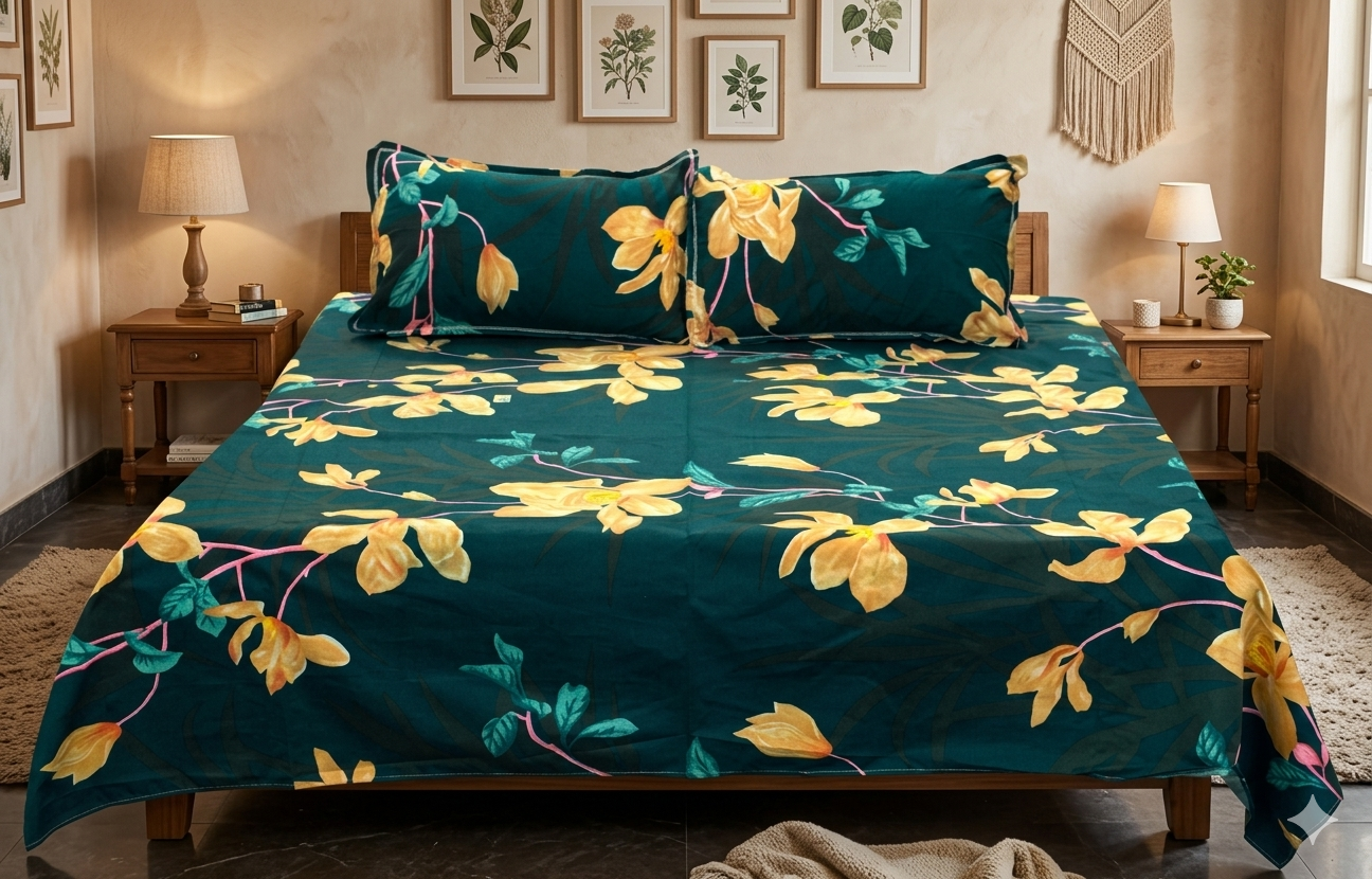 Soft Feel Blend Floral Bedsheet – Dark Teal & Mustard Print (225 x 250 cm)