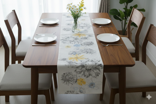 Elegant Floral Printed Table Runner – Grey & Yellow | 2.25 m x 40 cm