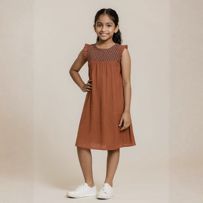 Rust Orange Smocked Cotton Frock for Girls
