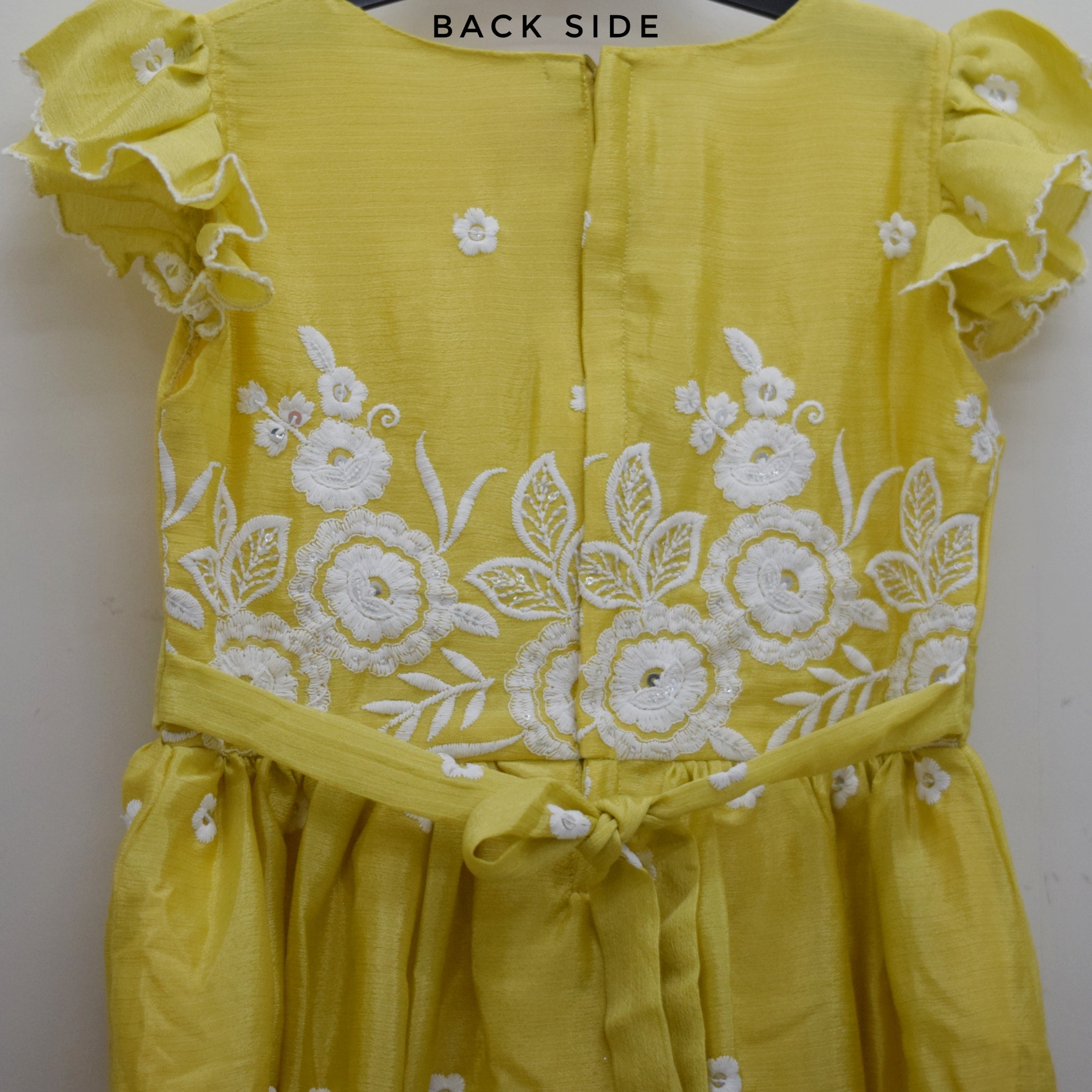 Girls Yellow Floral Embroidered Party Frock with Bow