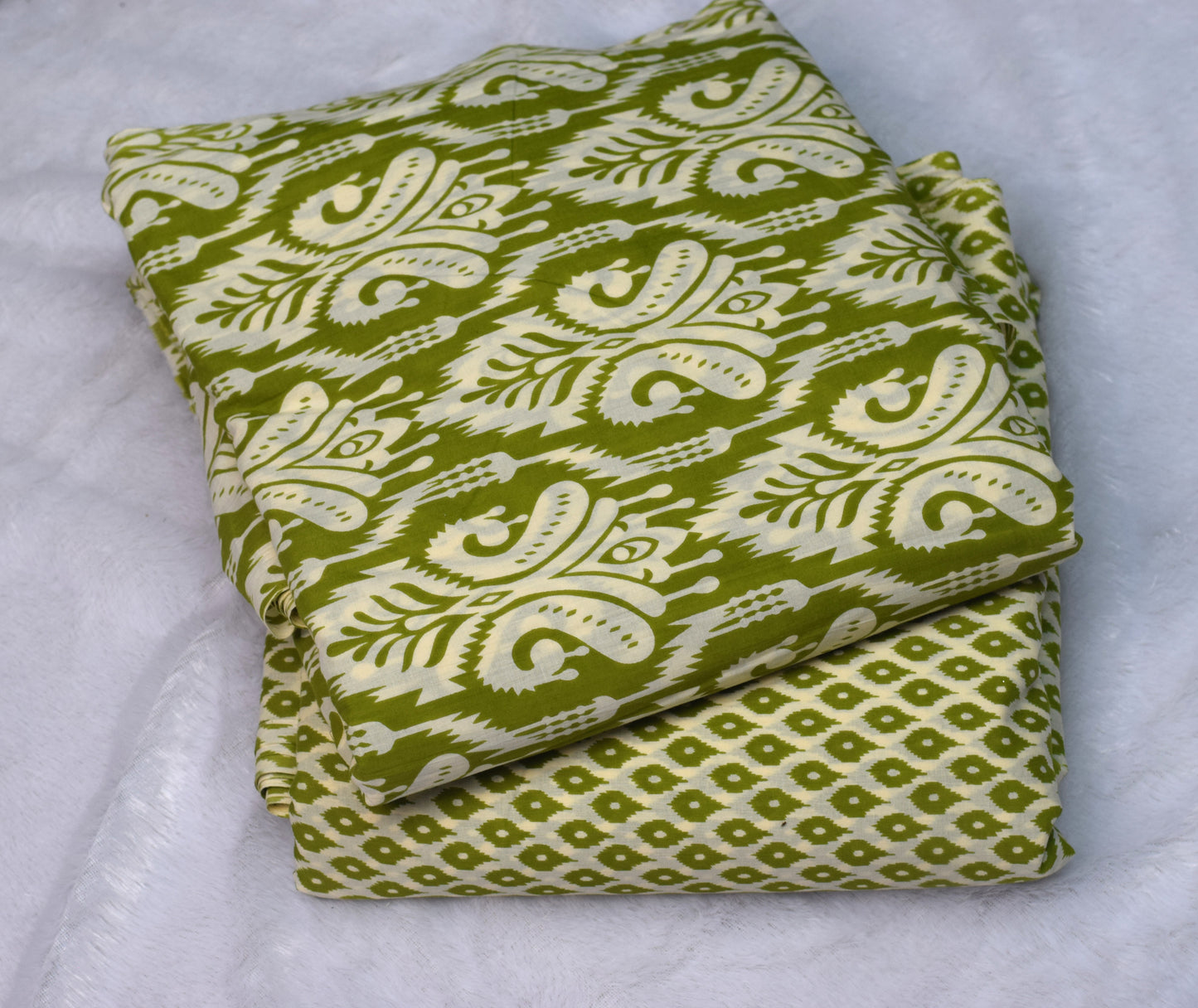 Green Ikat Print Mix & Match Cotton Dress Material Set – Top 2.75m & Bottom 2.25m