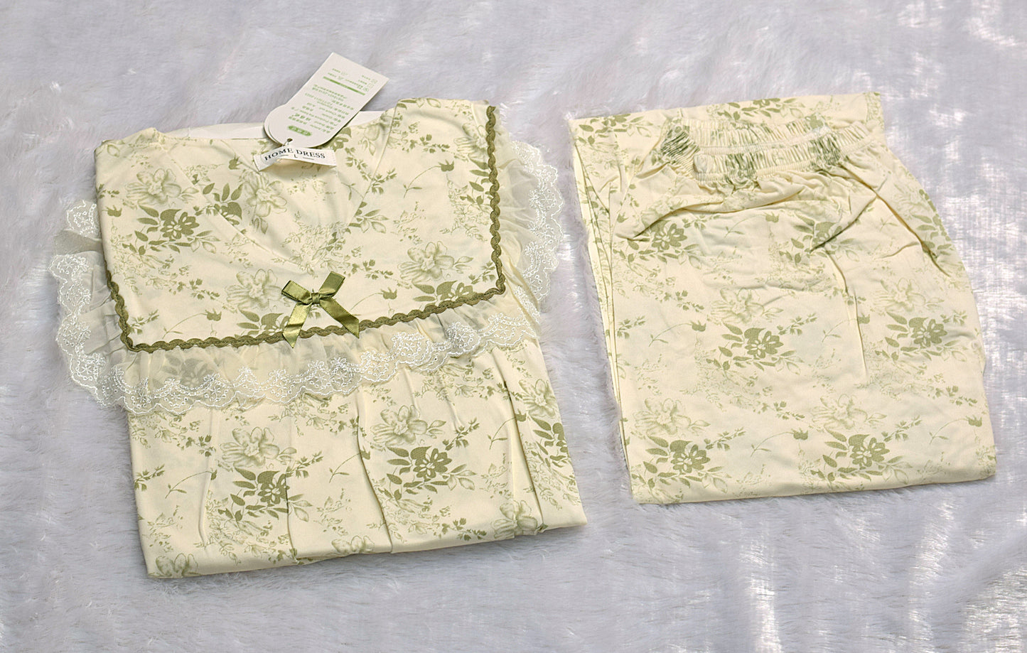 Elegant Floral Lace Trim Night Dress Set – Soft Cream &  Olive Green