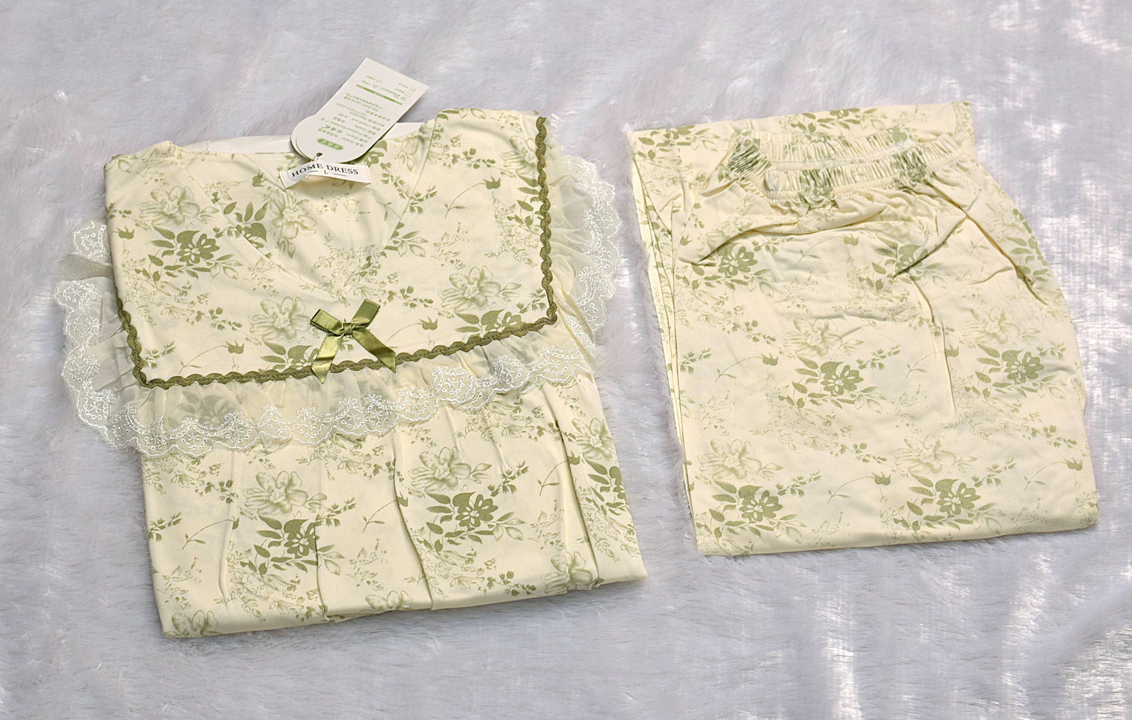 Floral Lace Trim Night Dress Set - Cream & Olive Green