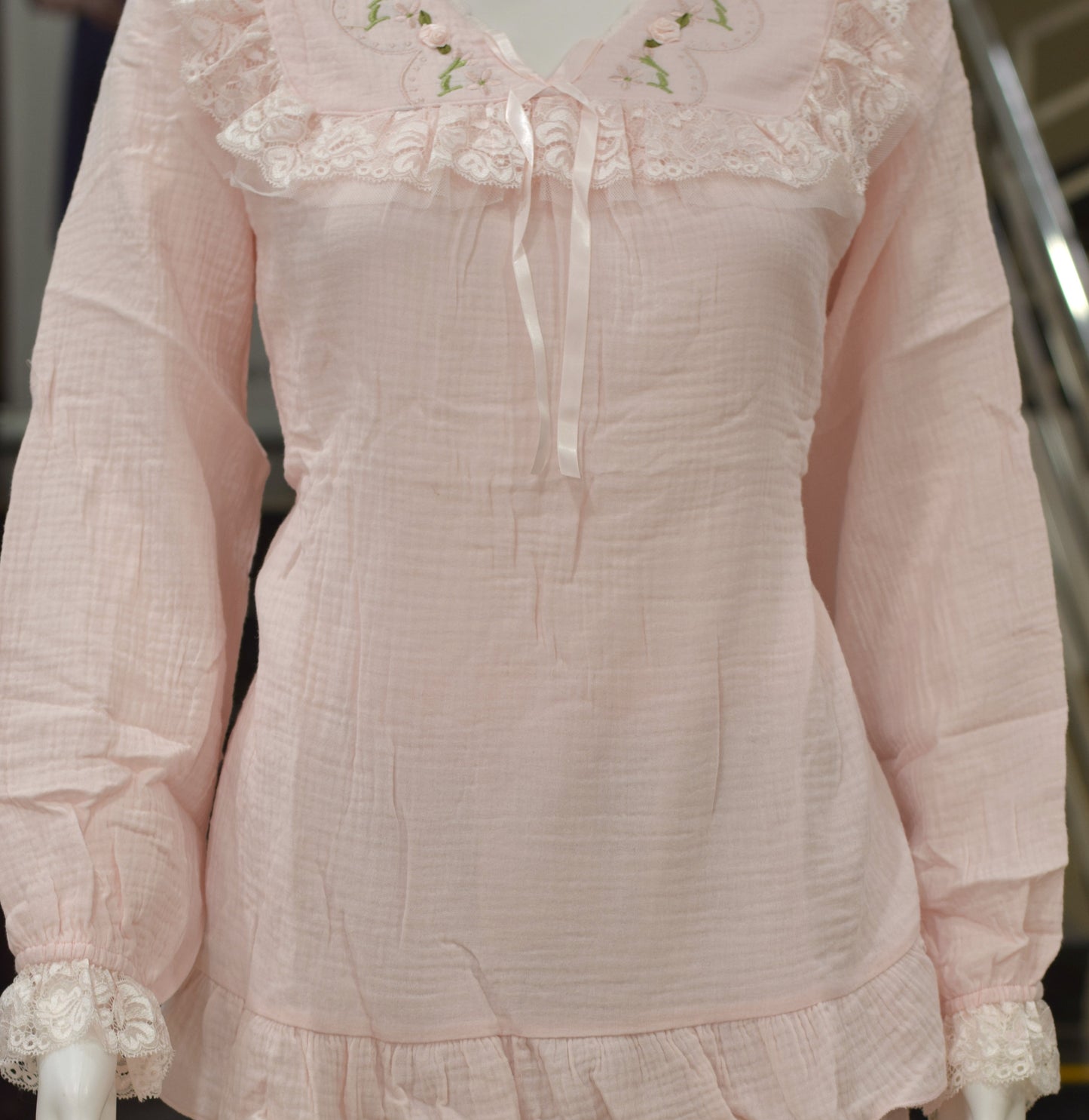Blush Pink Lace-Trim Cotton Night Dress Set
