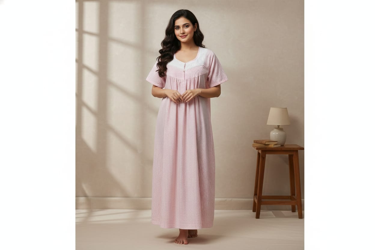 Title: Soft Cotton Striped Nighty – Medium Size | Pink &  White Embroidered Neck Design