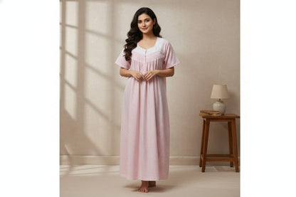 Title: Soft Cotton Striped Nighty – Medium Size | Pink &  White Embroidered Neck Design