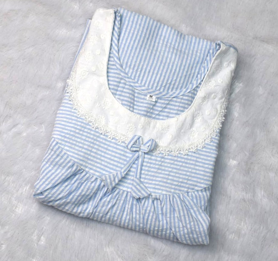 🌙 Soft Blue Striped Cotton Nighty – Medium Size
