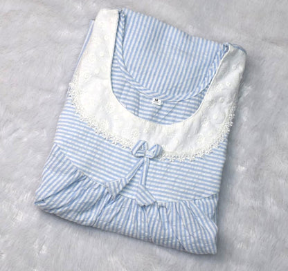 🌙 Soft Blue Striped Cotton Nighty – Medium Size