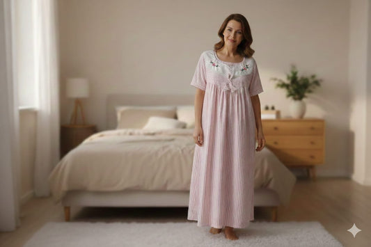 Soft Cotton Pink Striped Embroidered Nighty – Large Size