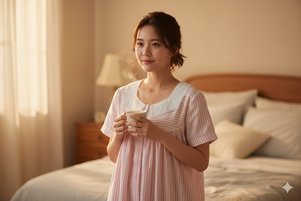 Title: Soft Cotton Striped Nighty – Medium Size | Pink &  White Embroidered Neck Design