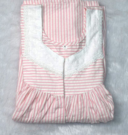 Title: Soft Cotton Striped Nighty – Medium Size | Pink &  White Embroidered Neck Design
