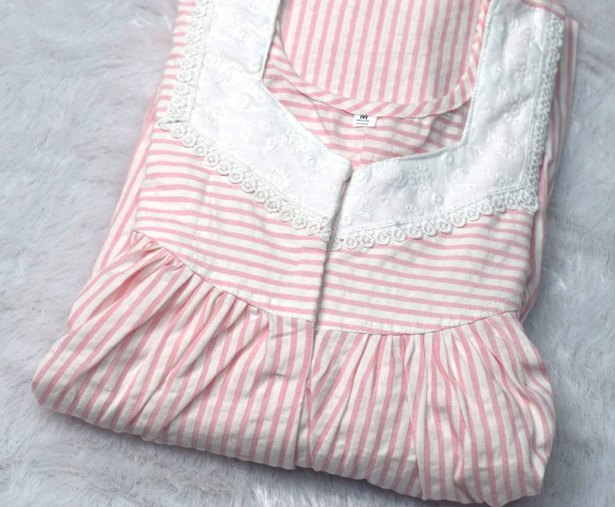 Title: Soft Cotton Striped Nighty – Medium Size | Pink &  White Embroidered Neck Design