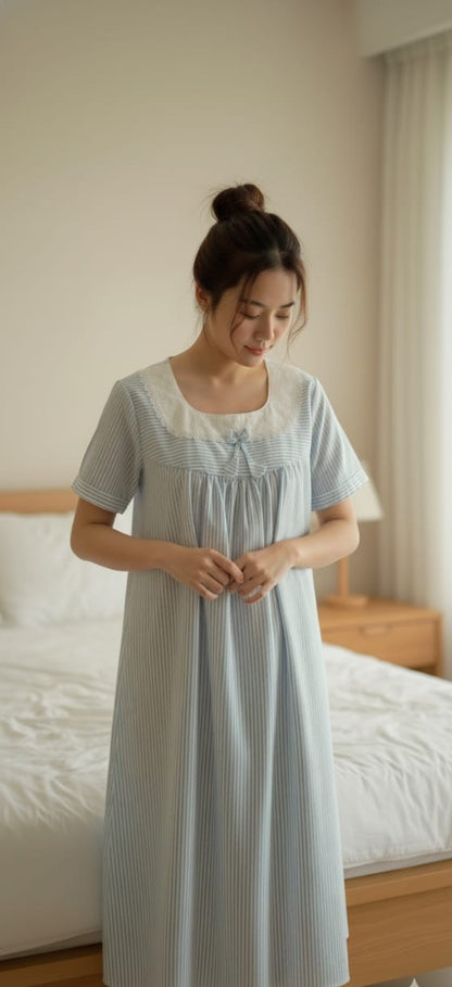 🌙 Soft Blue Striped Cotton Nighty – Medium Size