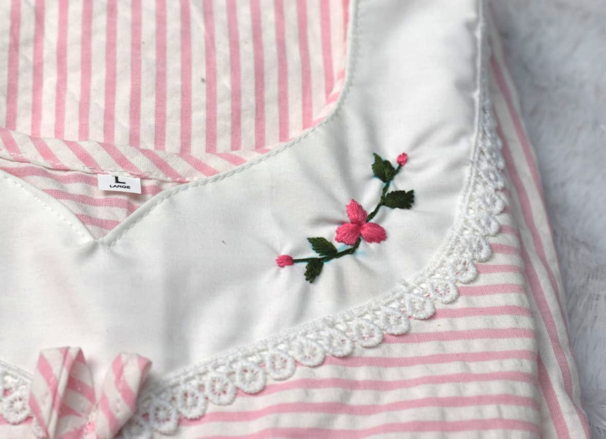 Soft Cotton Pink Striped Embroidered Nighty – Large Size