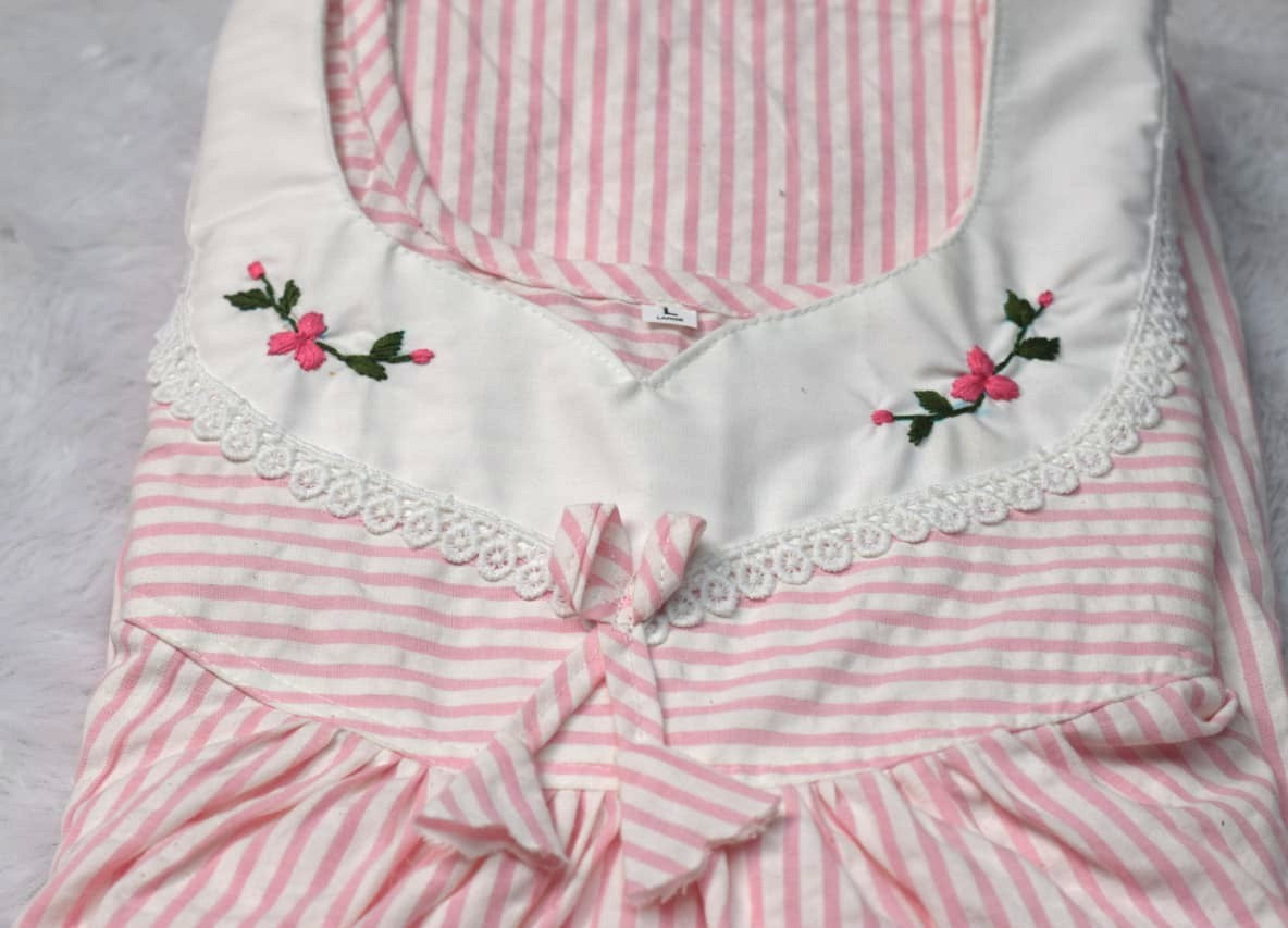 Soft Cotton Pink Striped Embroidered Nighty – Large Size
