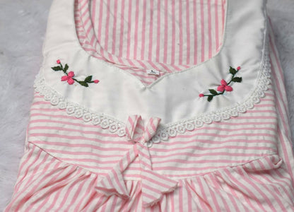 Soft Cotton Pink Striped Embroidered Nighty – Large Size