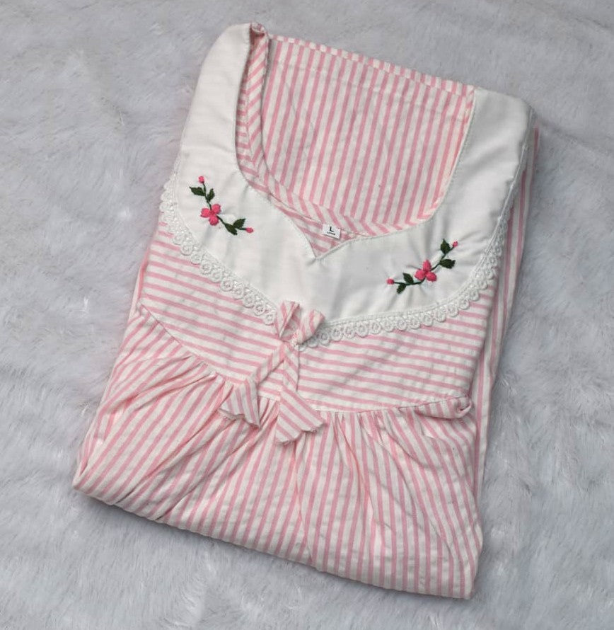 Soft Cotton Pink Striped Embroidered Nighty – Large Size