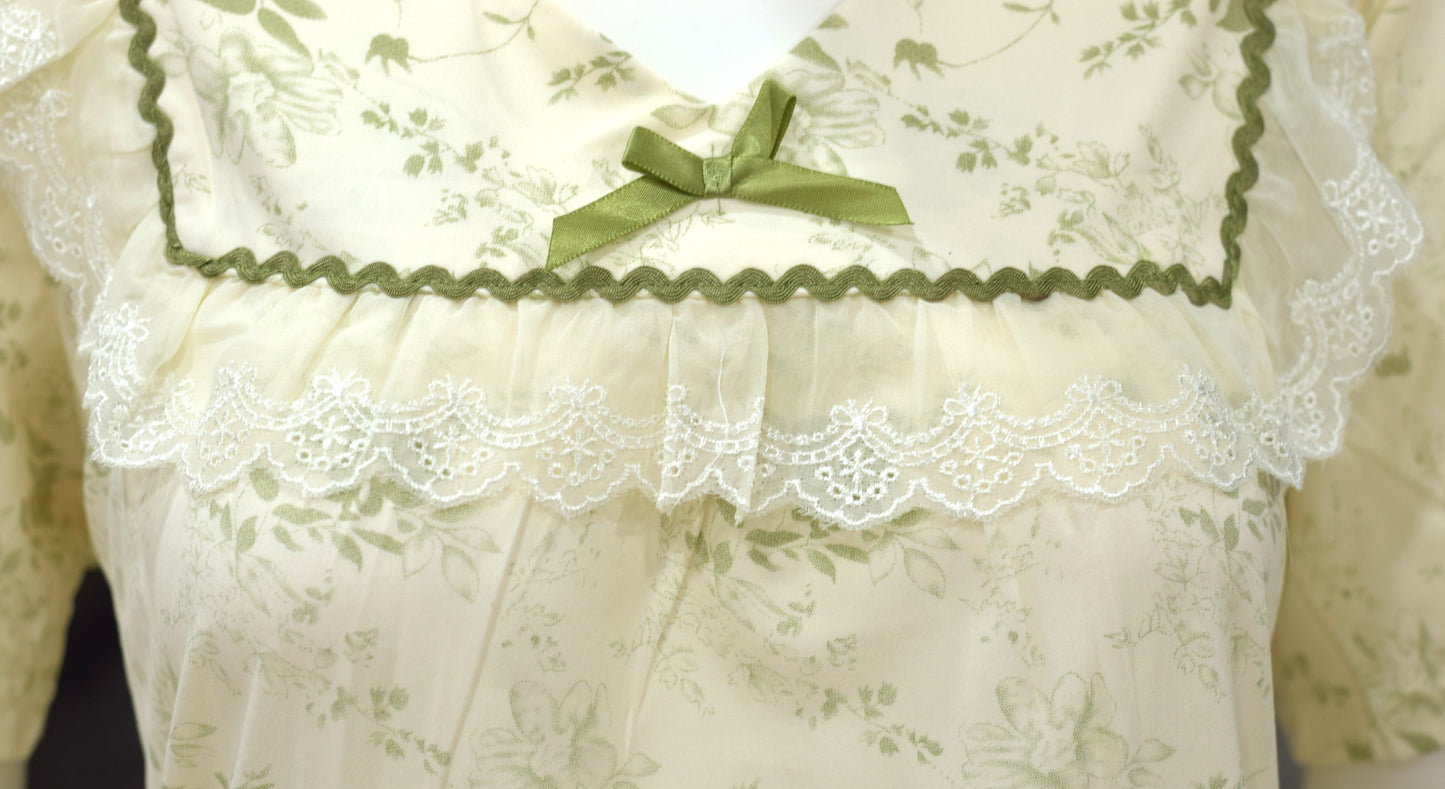 Elegant Floral Lace Trim Night Dress Set – Soft Cream &  Olive Green