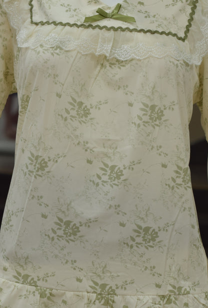 Elegant Floral Lace Trim Night Dress Set – Soft Cream &  Olive Green