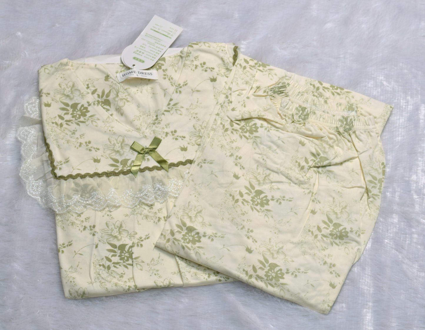 Elegant Floral Lace Trim Night Dress Set – Soft Cream &  Olive Green