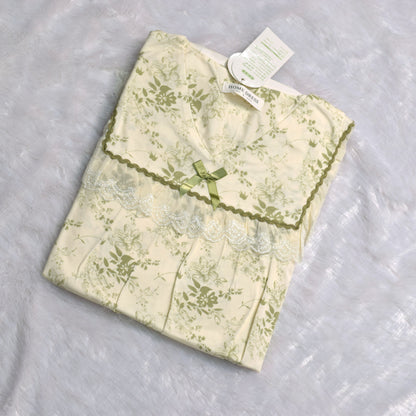 Elegant Floral Lace Trim Night Dress Set – Soft Cream &  Olive Green