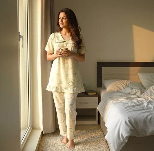 Elegant Floral Lace Trim Night Dress Set – Soft Cream &  Olive Green