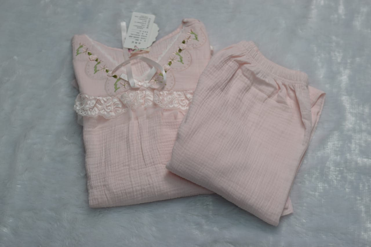 Blush Pink Lace-Trim Cotton Night Dress Set