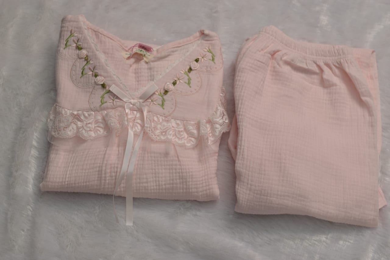 Blush Pink Lace-Trim Cotton Night Dress Set
