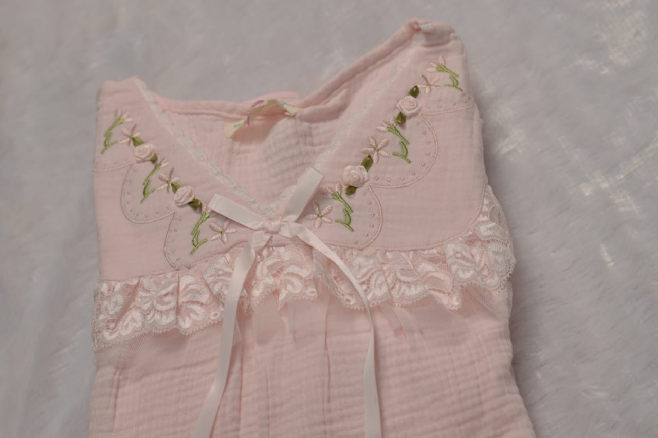 Blush Pink Lace-Trim Cotton Night Dress Set