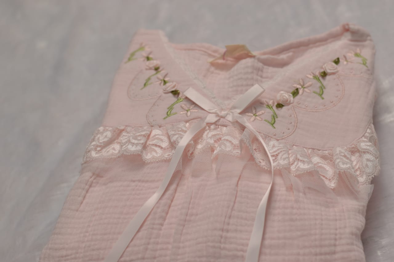 Blush Pink Lace-Trim Cotton Night Dress Set