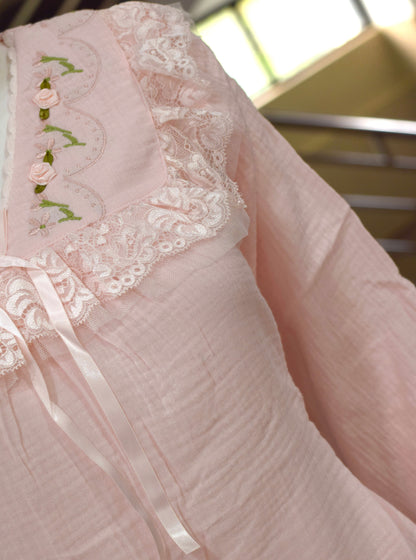 Blush Pink Lace-Trim Cotton Night Dress Set